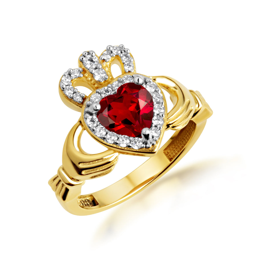 Yellow Gold Studded Irish Celtic Claddagh Crown Heart Birthstone Ring
