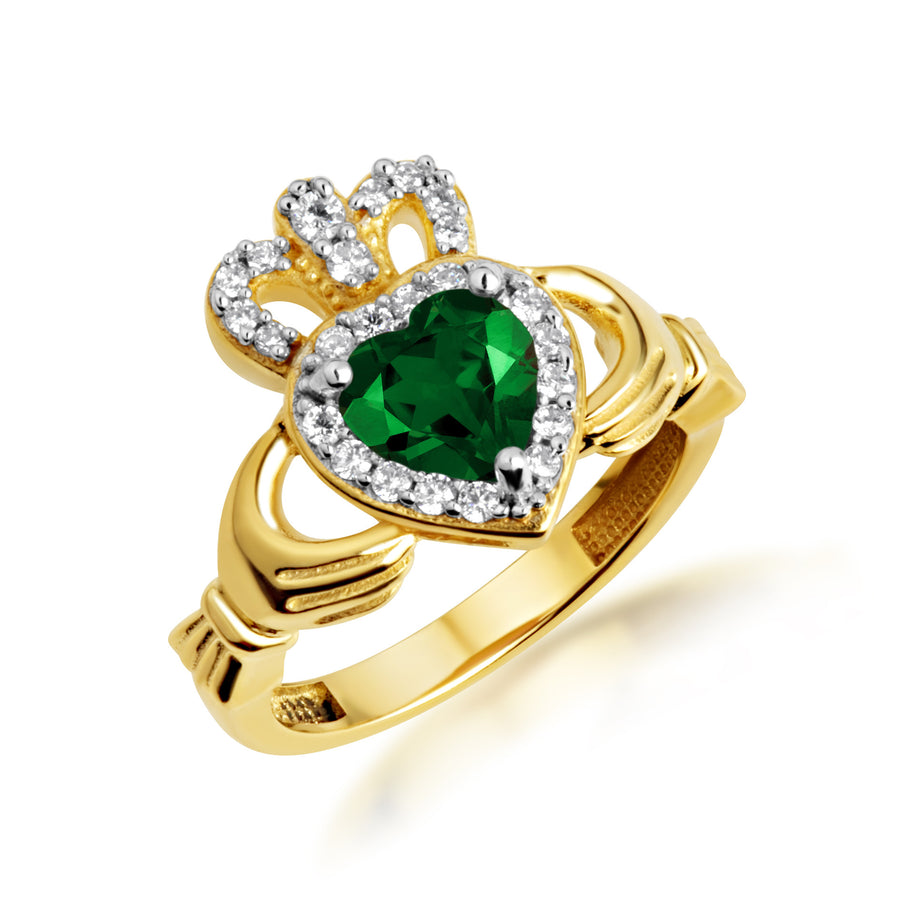 Yellow Gold Studded Irish Celtic Claddagh Crown Heart Birthstone Ring