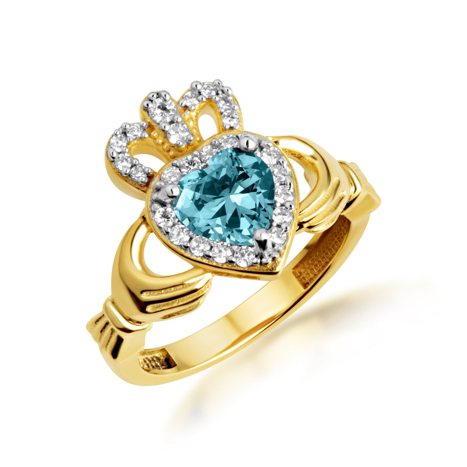 Yellow Gold Studded Irish Celtic Claddagh Crown Heart Birthstone Ring