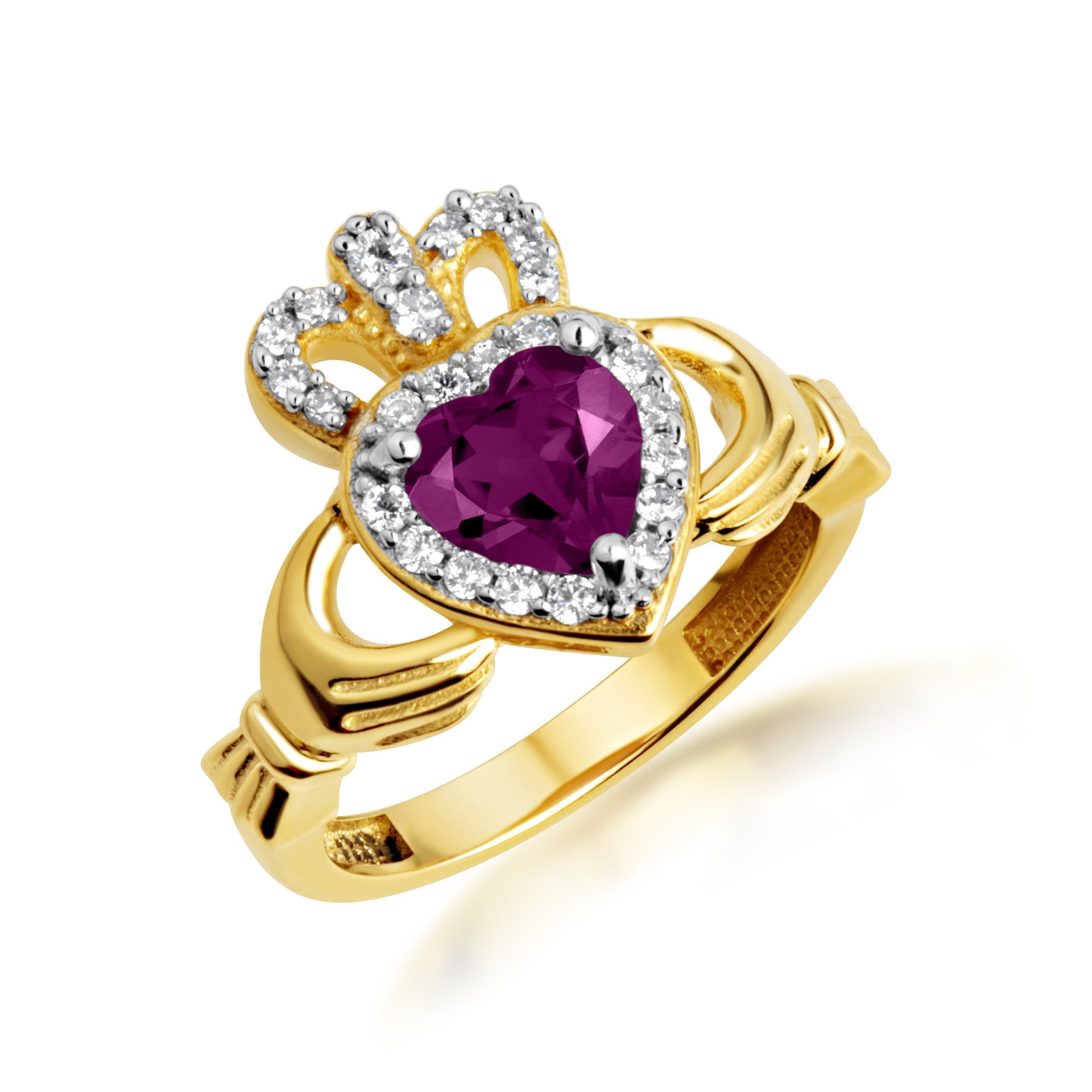 Yellow Gold Studded Irish Celtic Claddagh Crown Heart Birthstone Ring