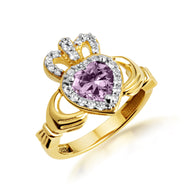 Yellow Gold Studded Irish Celtic Claddagh Crown Heart Birthstone Ring