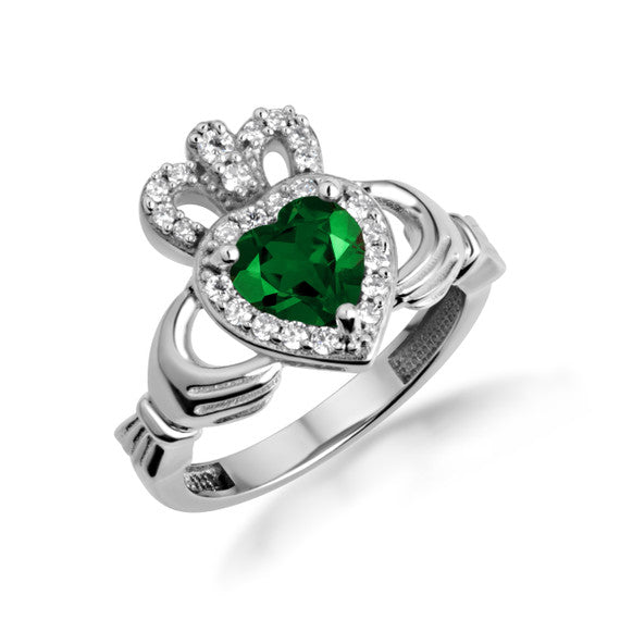 .925 Sterling Silver Studded Irish Celtic Claddagh Crown Heart Birthstone Ring