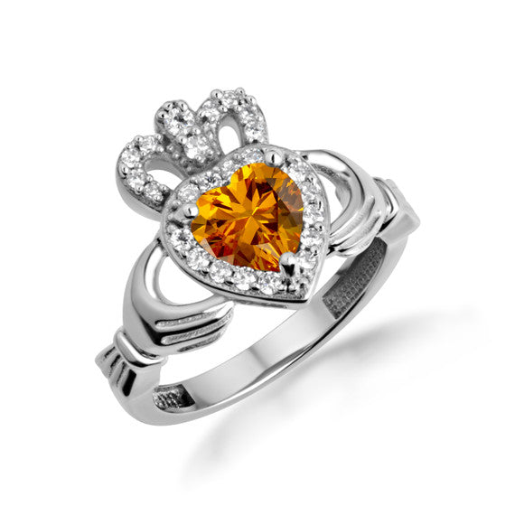 .925 Sterling Silver Studded Irish Celtic Claddagh Crown Heart Birthstone Ring