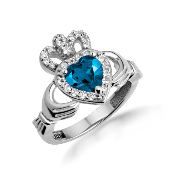 .925 Sterling Silver Studded Irish Celtic Claddagh Crown Heart Birthstone Ring