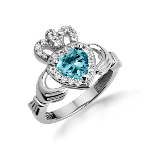 .925 Sterling Silver Studded Irish Celtic Claddagh Crown Heart Birthstone Ring
