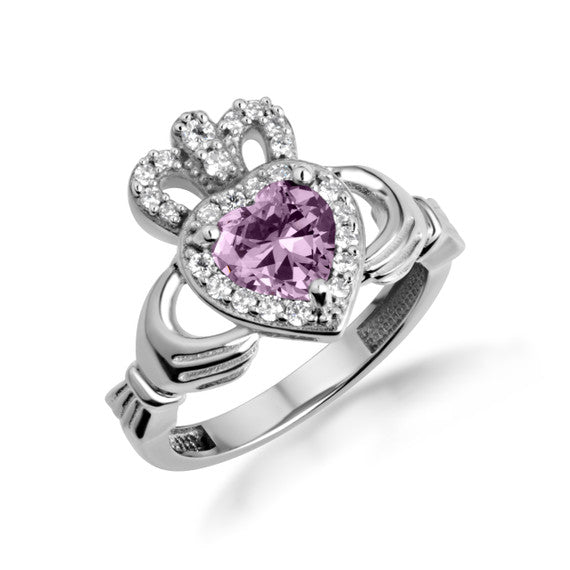.925 Sterling Silver Studded Irish Celtic Claddagh Crown Heart Birthstone Ring