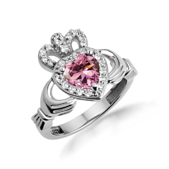 .925 Sterling Silver Studded Irish Celtic Claddagh Crown Heart Birthstone Ring