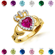 Yellow Gold Studded Irish Celtic Claddagh Crown Heart Birthstone Ring