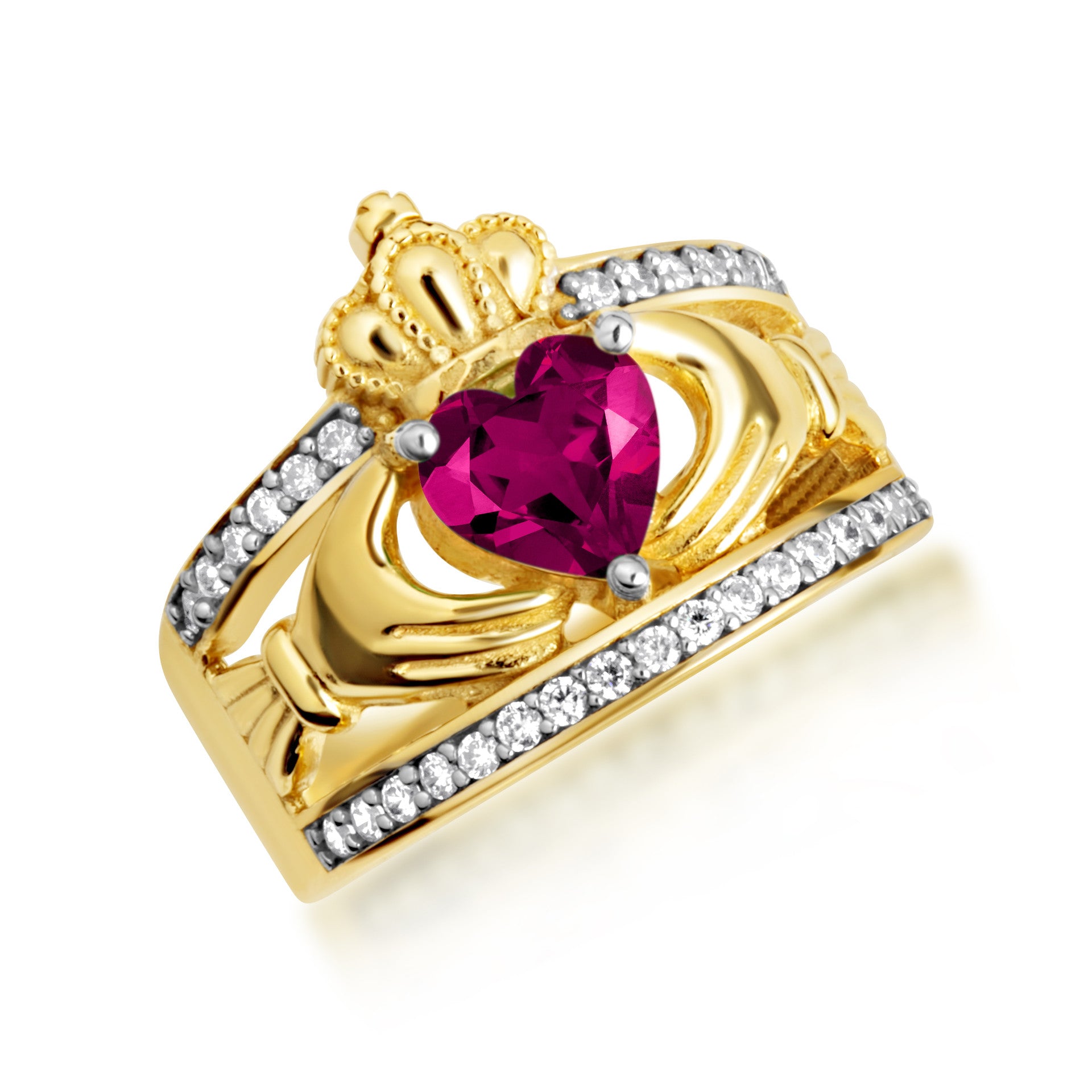 Yellow Gold Diamond Irish Celtic Claddagh Crown Heart Birthstone Ring