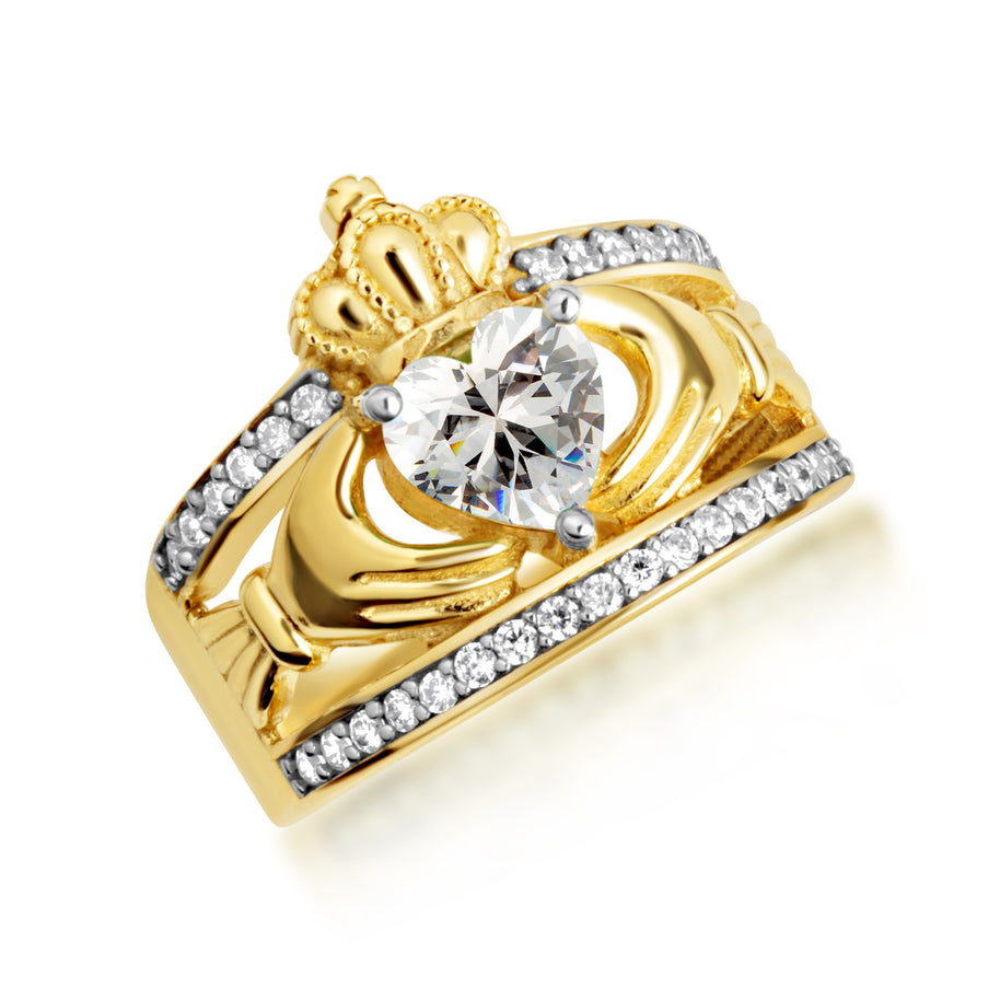 Yellow Gold Diamond Irish Celtic Claddagh Crown Heart Birthstone Ring