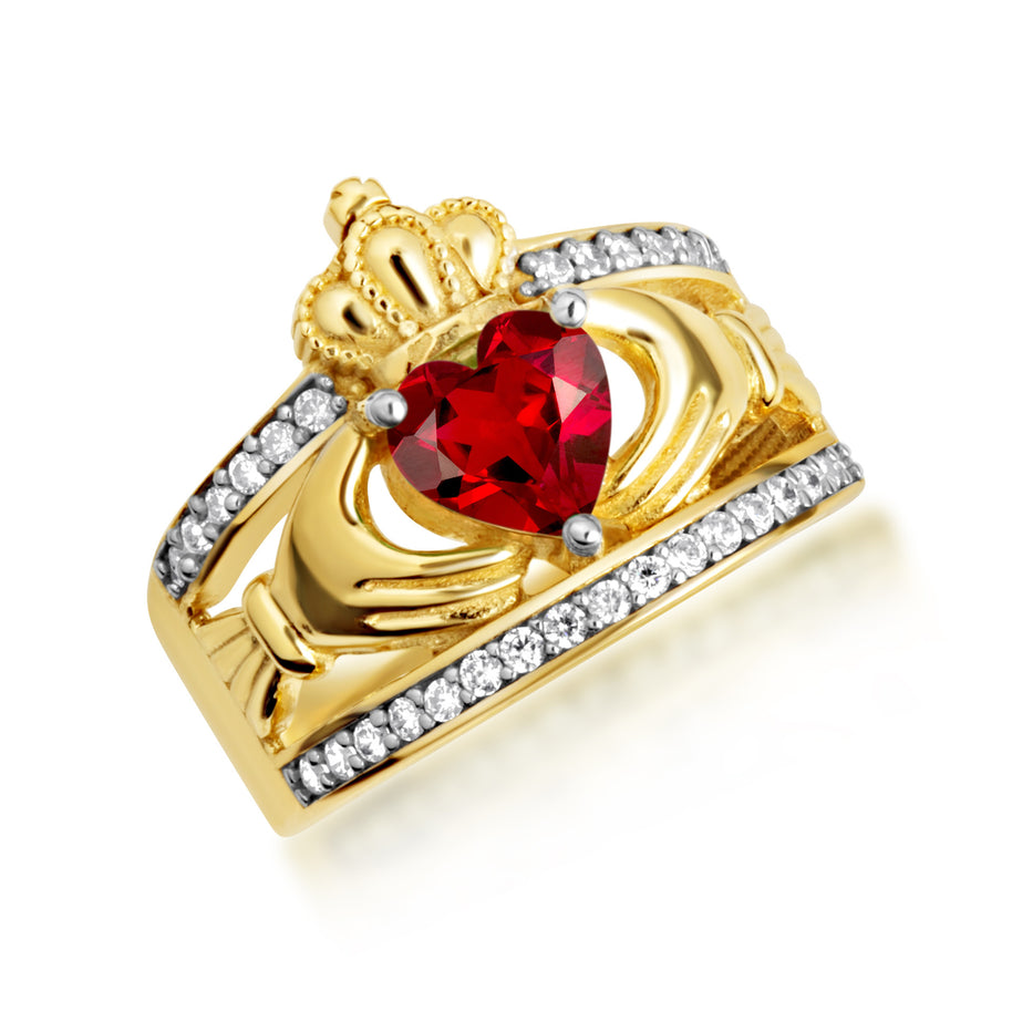 Yellow Gold Diamond Irish Celtic Claddagh Crown Heart Birthstone Ring