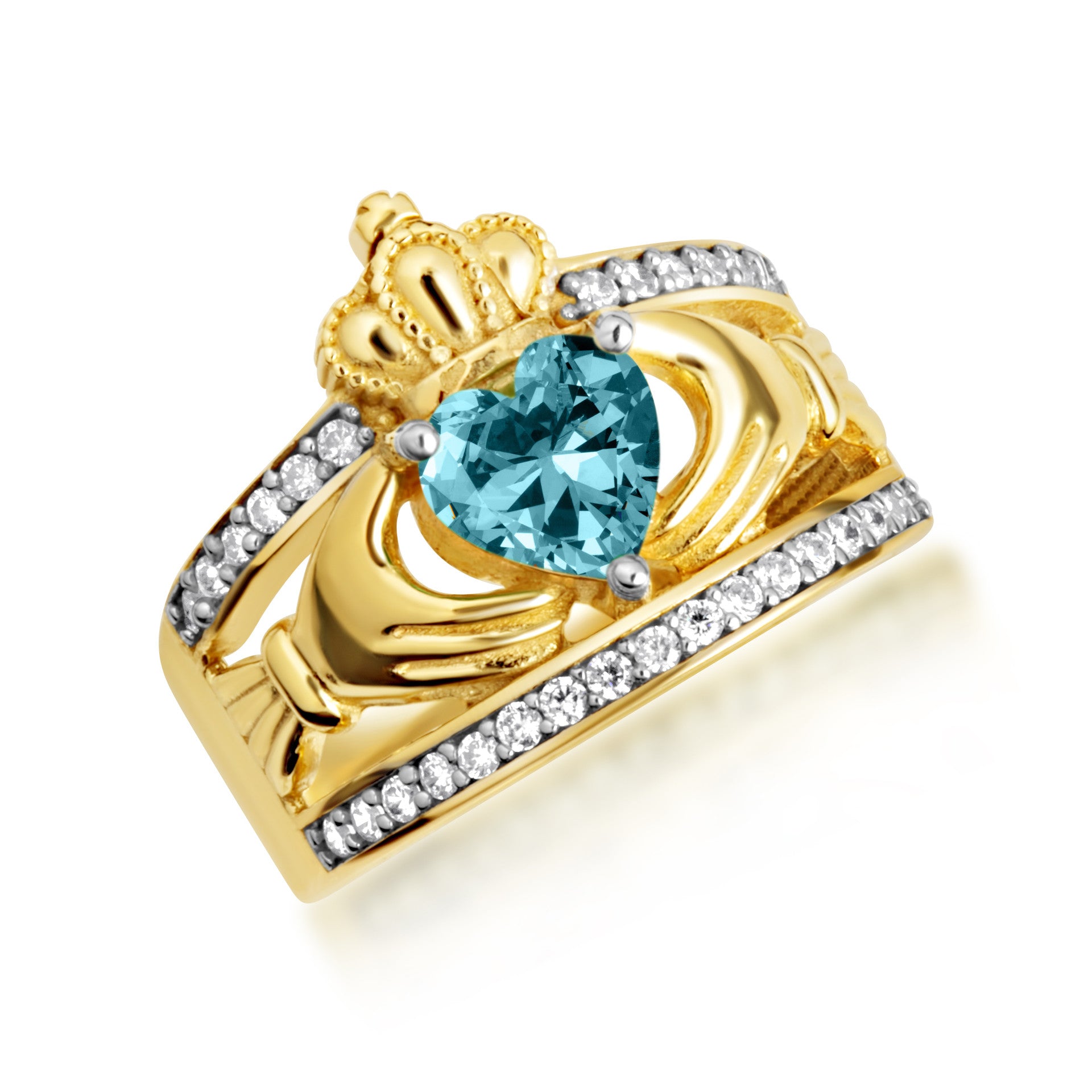 Yellow Gold Diamond Irish Celtic Claddagh Crown Heart Birthstone Ring