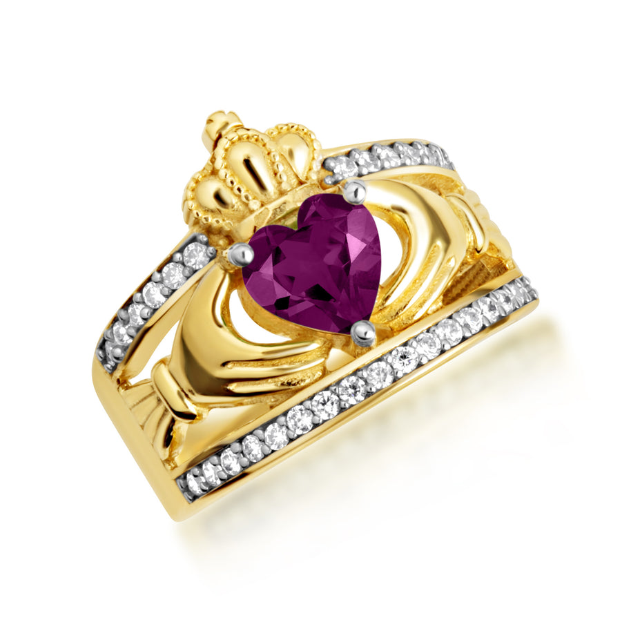 Yellow Gold Diamond Irish Celtic Claddagh Crown Heart Birthstone Ring