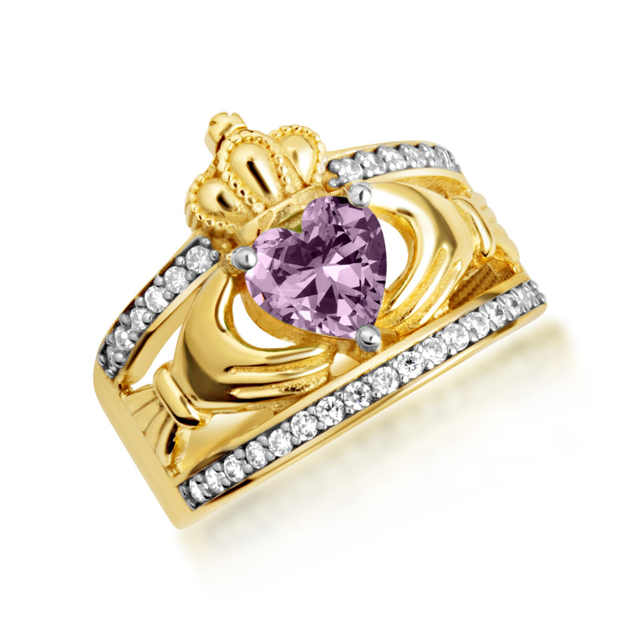 Yellow Gold Diamond Irish Celtic Claddagh Crown Heart Birthstone Ring