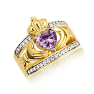 Yellow Gold Diamond Irish Celtic Claddagh Crown Heart Birthstone Ring