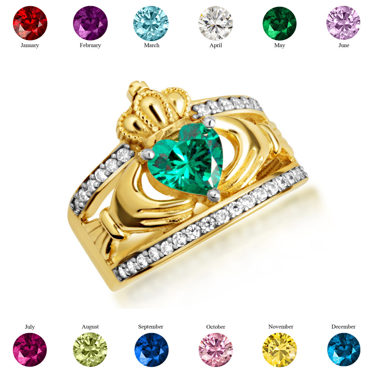 Yellow Gold Diamond Irish Celtic Claddagh Crown Heart Birthstone Ring