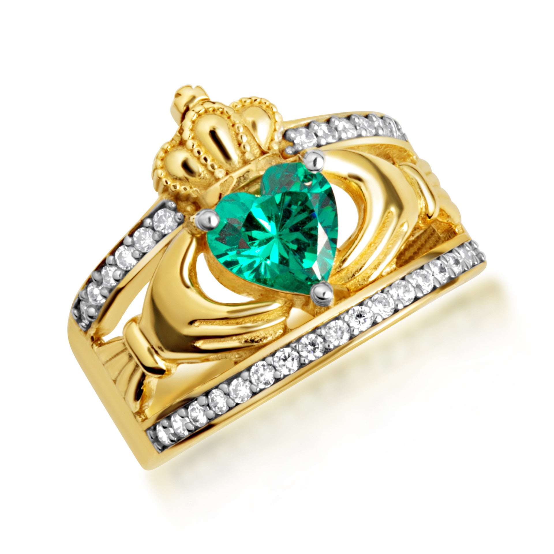Yellow Gold Diamond Irish Celtic Claddagh Crown Heart Birthstone Ring