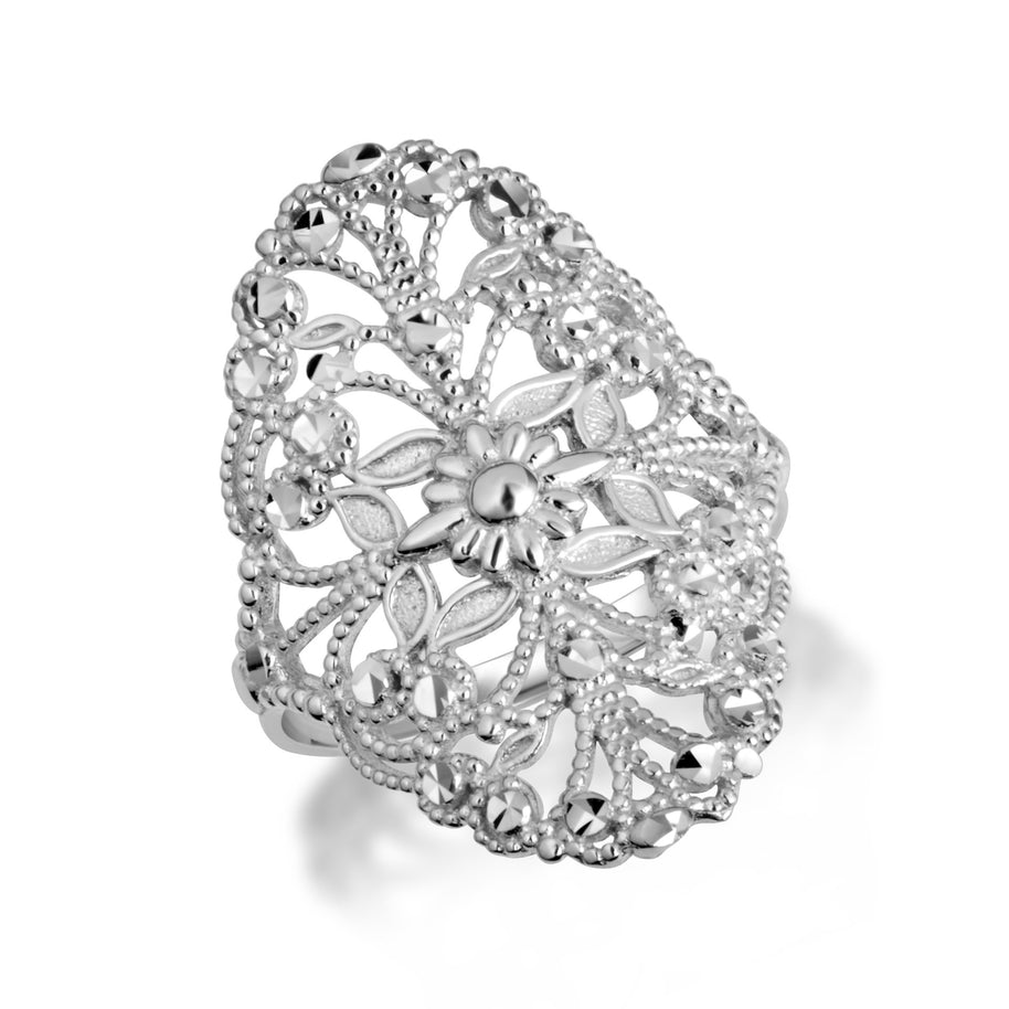 Two-Tone Gold Diamond Cut Flower Filigree Ring (Available in Yellow/Rose/White Gold)