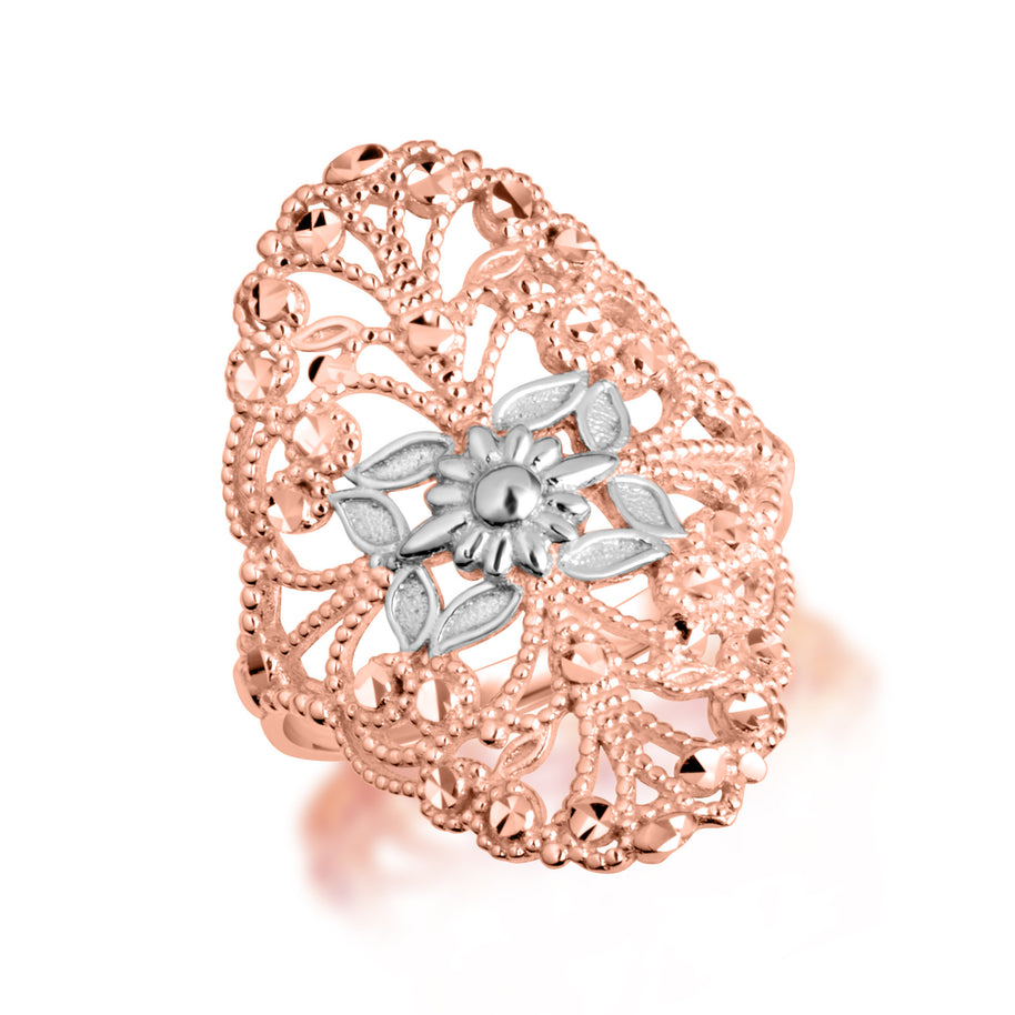 Two-Tone Gold Diamond Cut Flower Filigree Ring (Available in Yellow/Rose/White Gold)