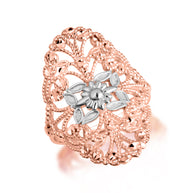 Two-Tone Gold Diamond Cut Flower Filigree Ring (Available in Yellow/Rose/White Gold)