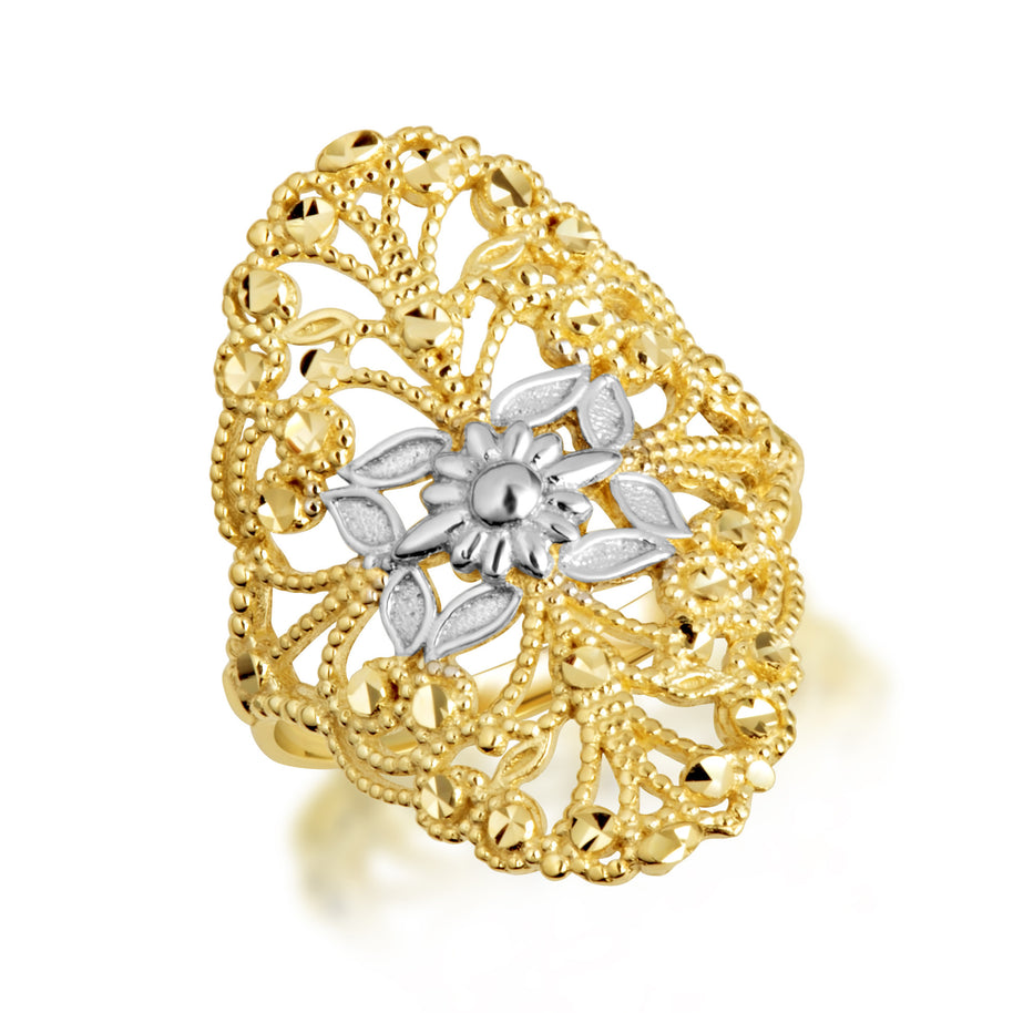 Two-Tone Gold Diamond Cut Flower Filigree Ring (Available in Yellow/Rose/White Gold)