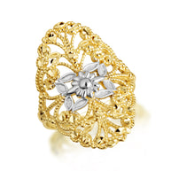 Two-Tone Gold Diamond Cut Flower Filigree Ring (Available in Yellow/Rose/White Gold)