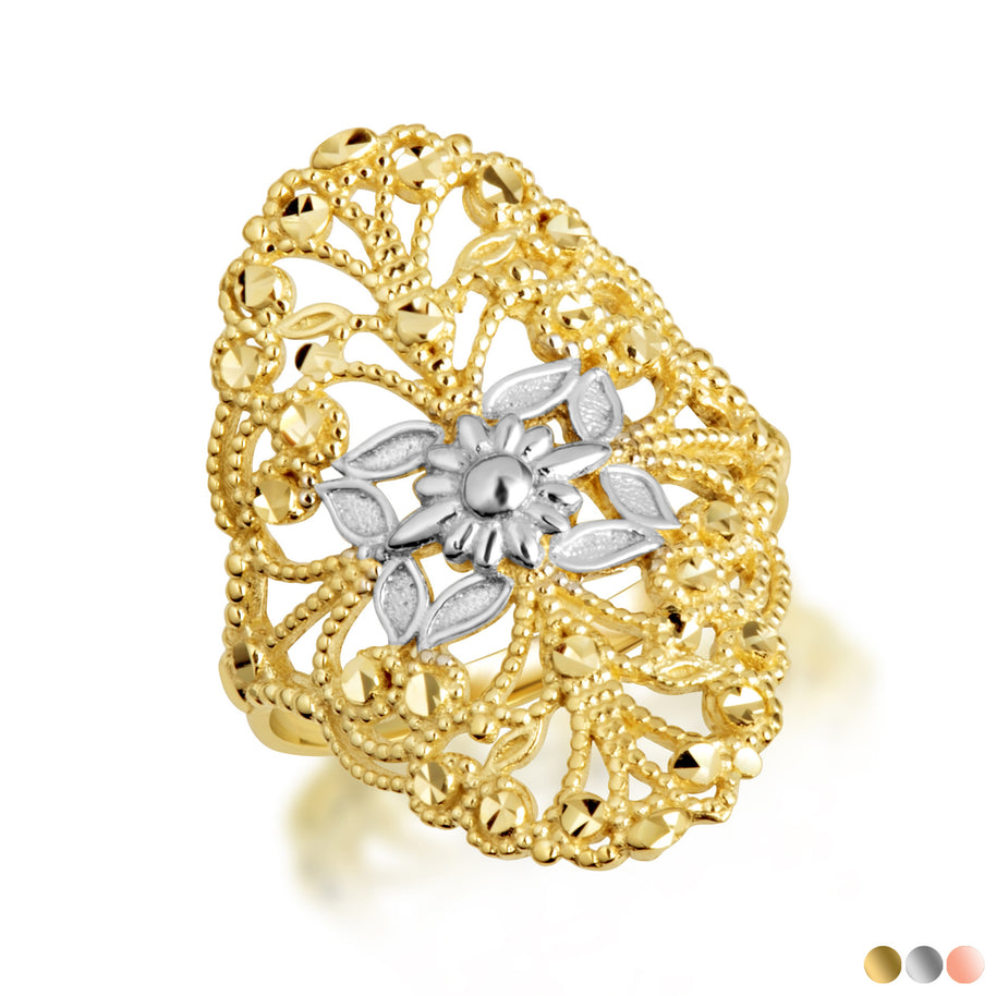 Two-Tone Gold Diamond Cut Flower Filigree Ring (Available in Yellow/Rose/White Gold)