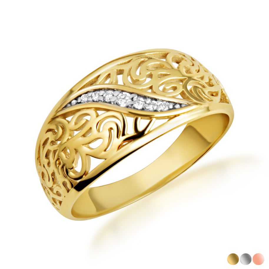 Two-Tone Gold Diamond Filigree Band Ring (Available in Yellow/Rose/White Gold)