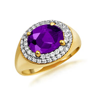 Yellow Gold Oval Birthstone Cubic Zirconia Halo Ring