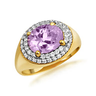 Yellow Gold Oval Birthstone Cubic Zirconia Halo Ring