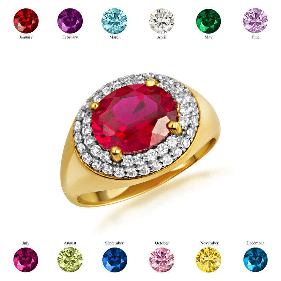 Yellow Gold Oval Birthstone Cubic Zirconia Halo Ring