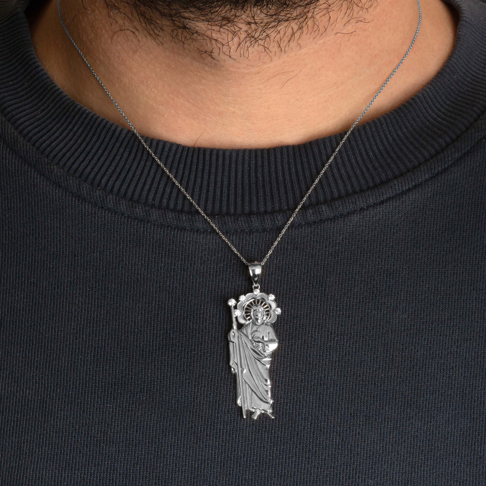 .925 Sterling Silver Saint Jude Studded Pendant Necklace (Available in Small/Medium/Large)