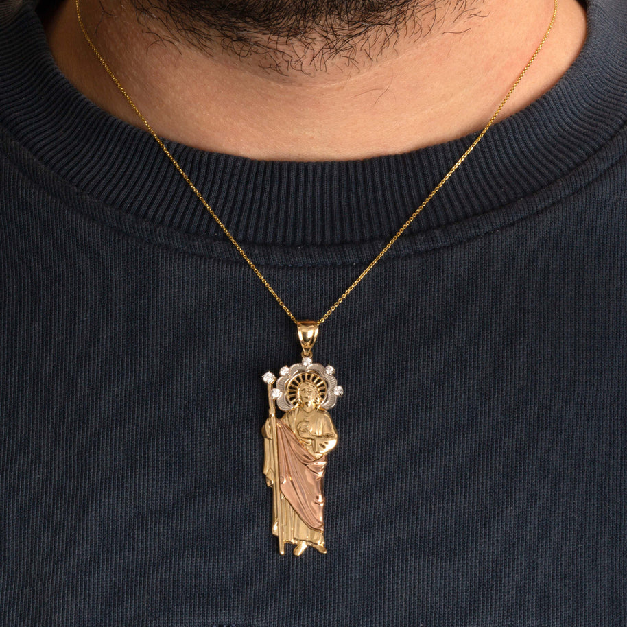 Tri-Color Gold Saint Jude Halo Studded Pendant Necklace (Available in Small/Medium/Large & Tri-Tone/Two-Tone/White Gold)