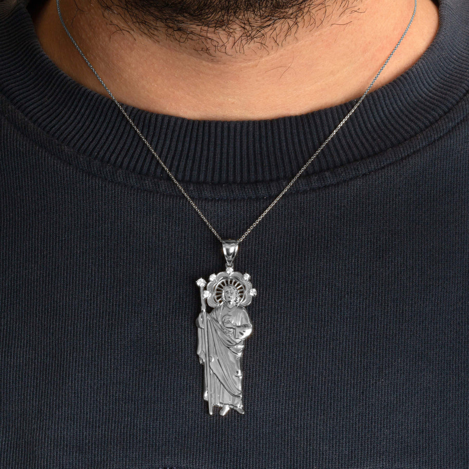 .925 Sterling Silver Saint Jude Studded Pendant Necklace (Available in Small/Medium/Large)