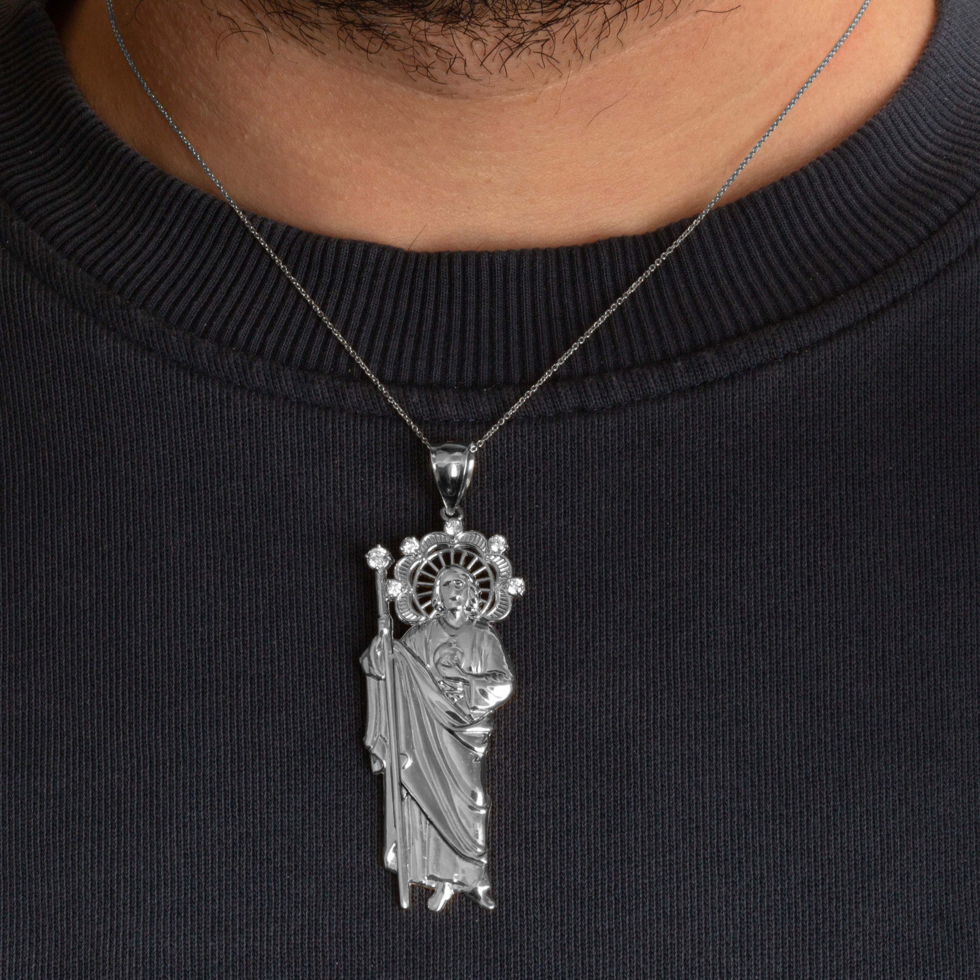 .925 Sterling Silver Saint Jude Studded Pendant Necklace (Available in Small/Medium/Large)