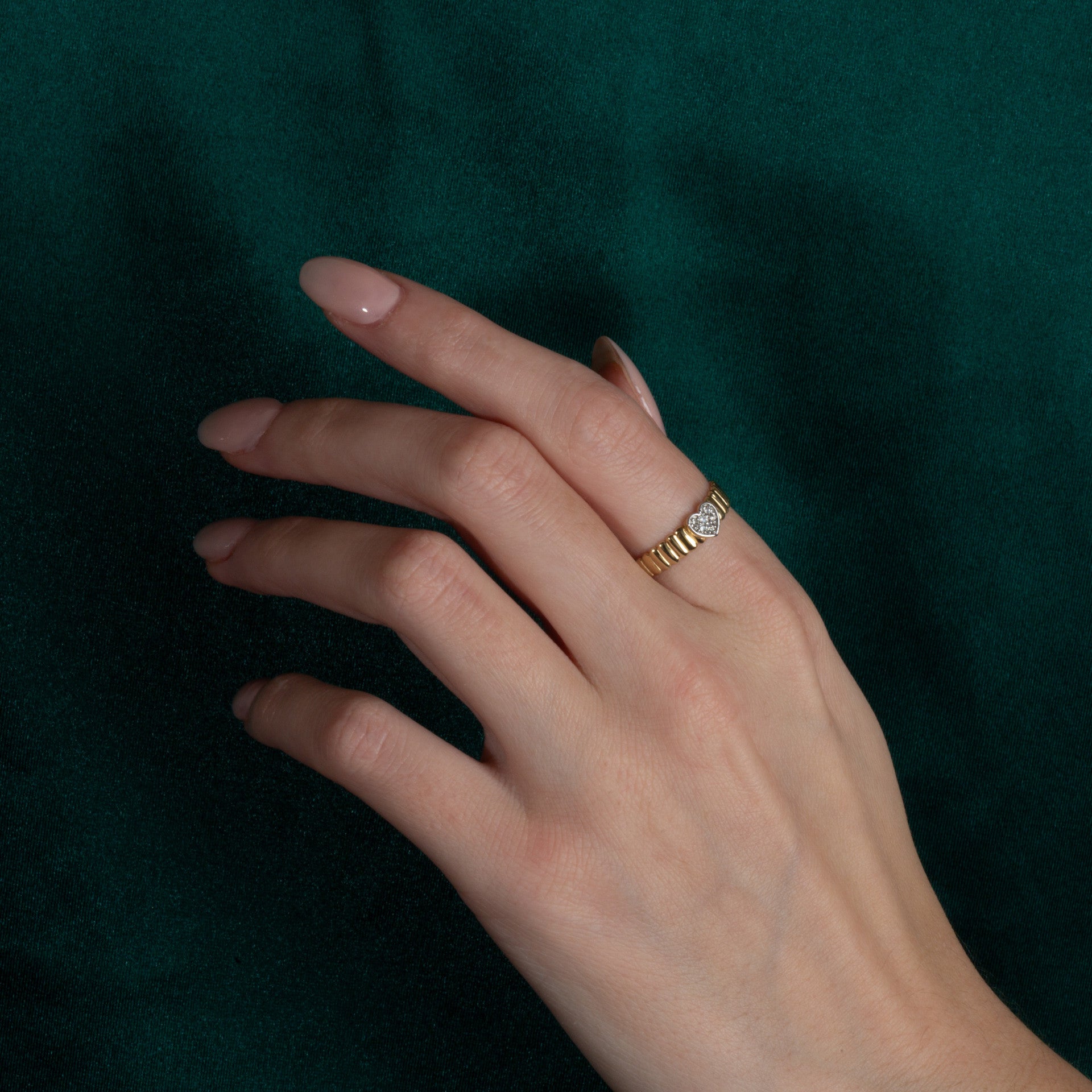 Gold Diamond Studded Heart Ribbed Band Ring (Available in Yellow/Rose/White Gold)