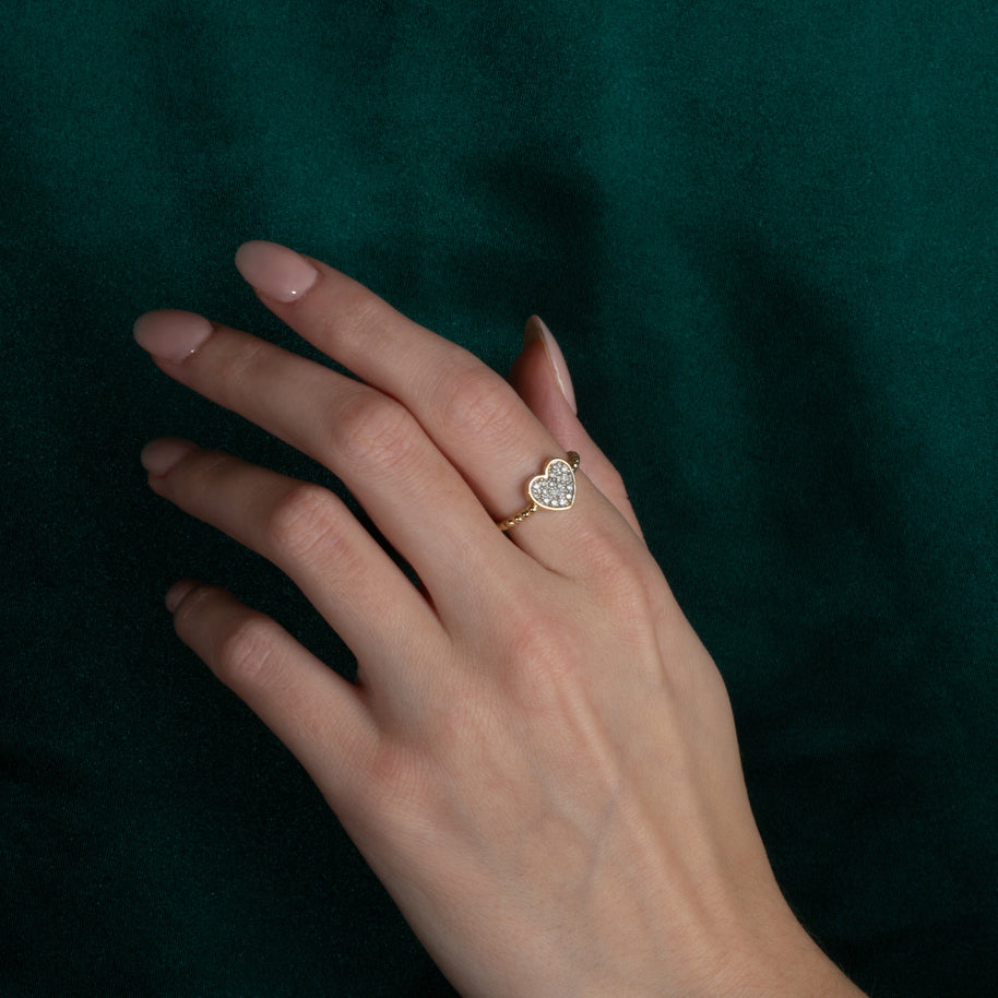 Gold Diamond Studded Heart Beaded Band Ring (Available in Yellow/Rose/White Gold)