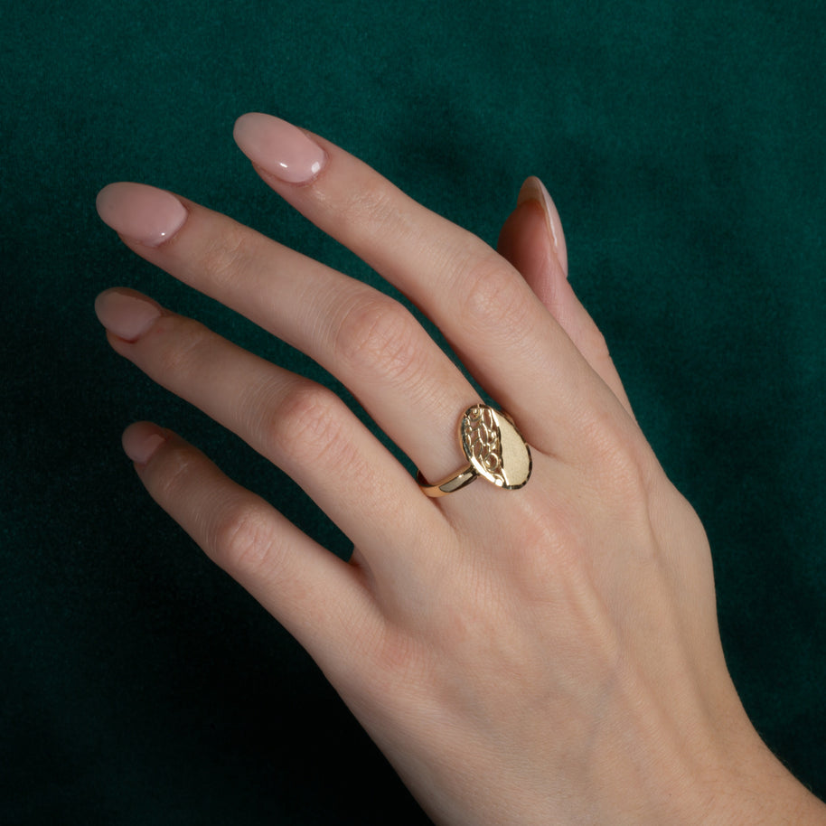 Gold Oval Diamond Cut Floral Statement Ring (Available in Yellow/Rose/White Gold)