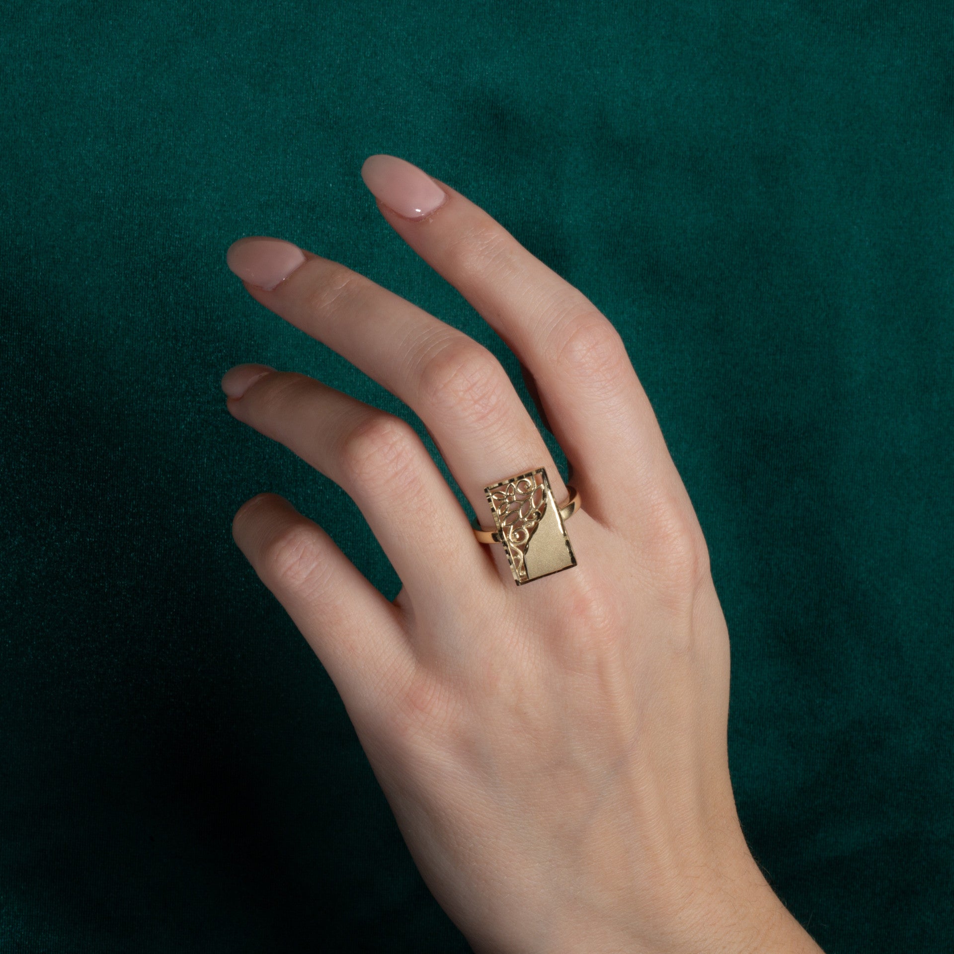 Gold Rectangle Diamond Cut Floral Statement Ring (Available in Yellow/Rose/White Gold)