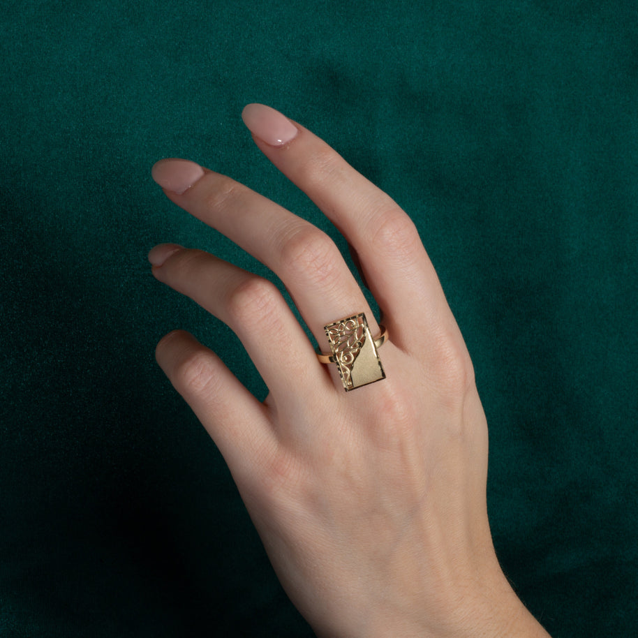 Gold Rectangle Diamond Cut Floral Statement Ring (Available in Yellow/Rose/White Gold)