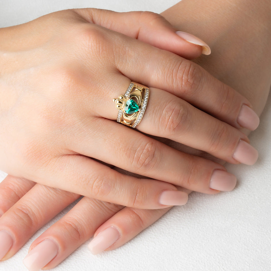 Yellow Gold Diamond Irish Celtic Claddagh Crown Heart Birthstone Ring