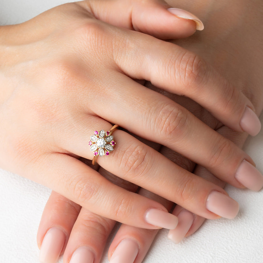 Two-Tone Gold Diamond Flower Ruby Gemstone Ring (Available in Yellow/Rose/White Gold)
