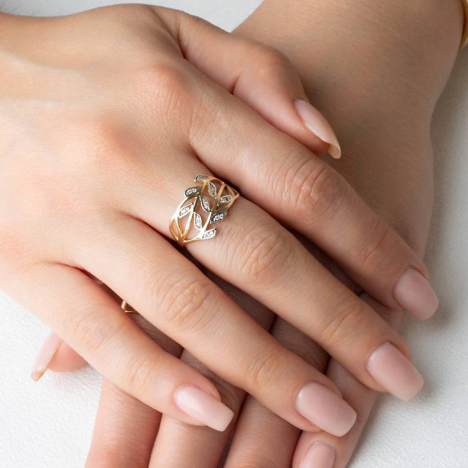 Two-Tone Gold Diamond Branch Twig Leaves Band Ring (Available in Yellow/Rose/White Gold)