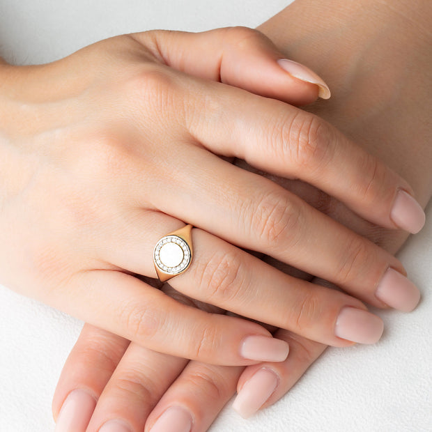 Gold Engravable Diamond Halo Signet Ring (Available in Yellow/Rose/White Gold)
