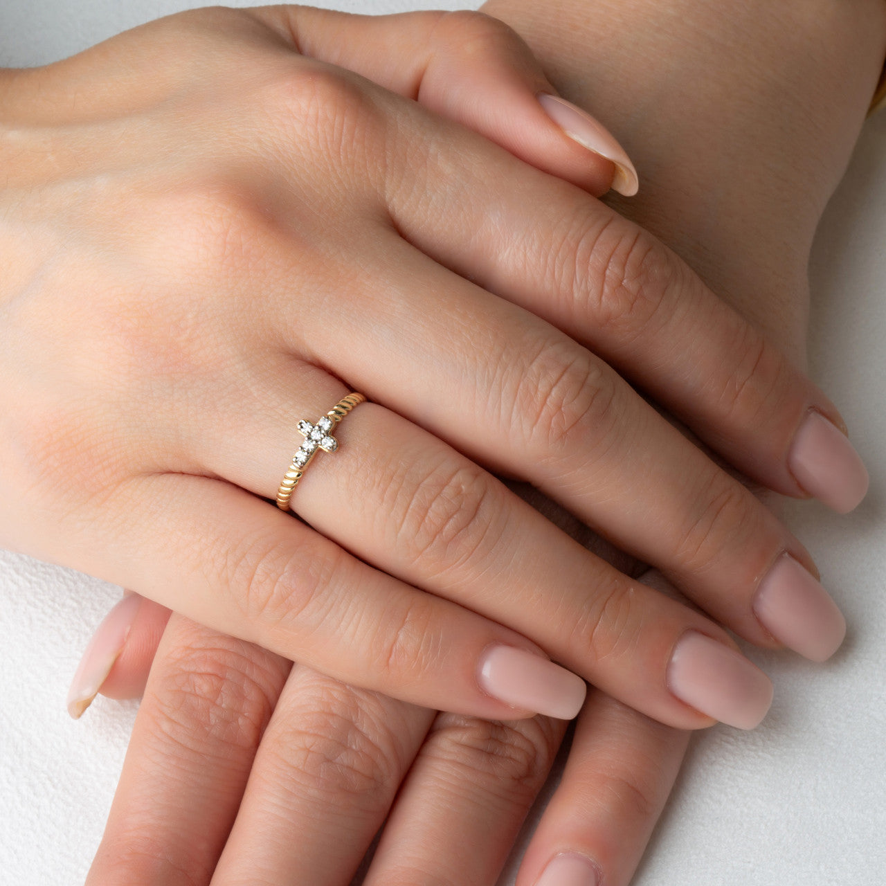 Gold Diamond Cross Rope Band Ring (Available in Yellow/Rose/White Gold)