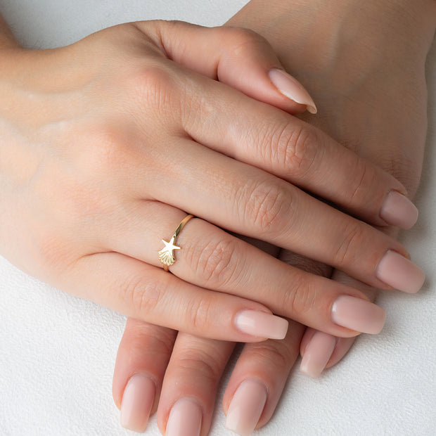 Gold Starfish & Seashell Beach Ring (Available in Yellow/Rose/White Gold)
