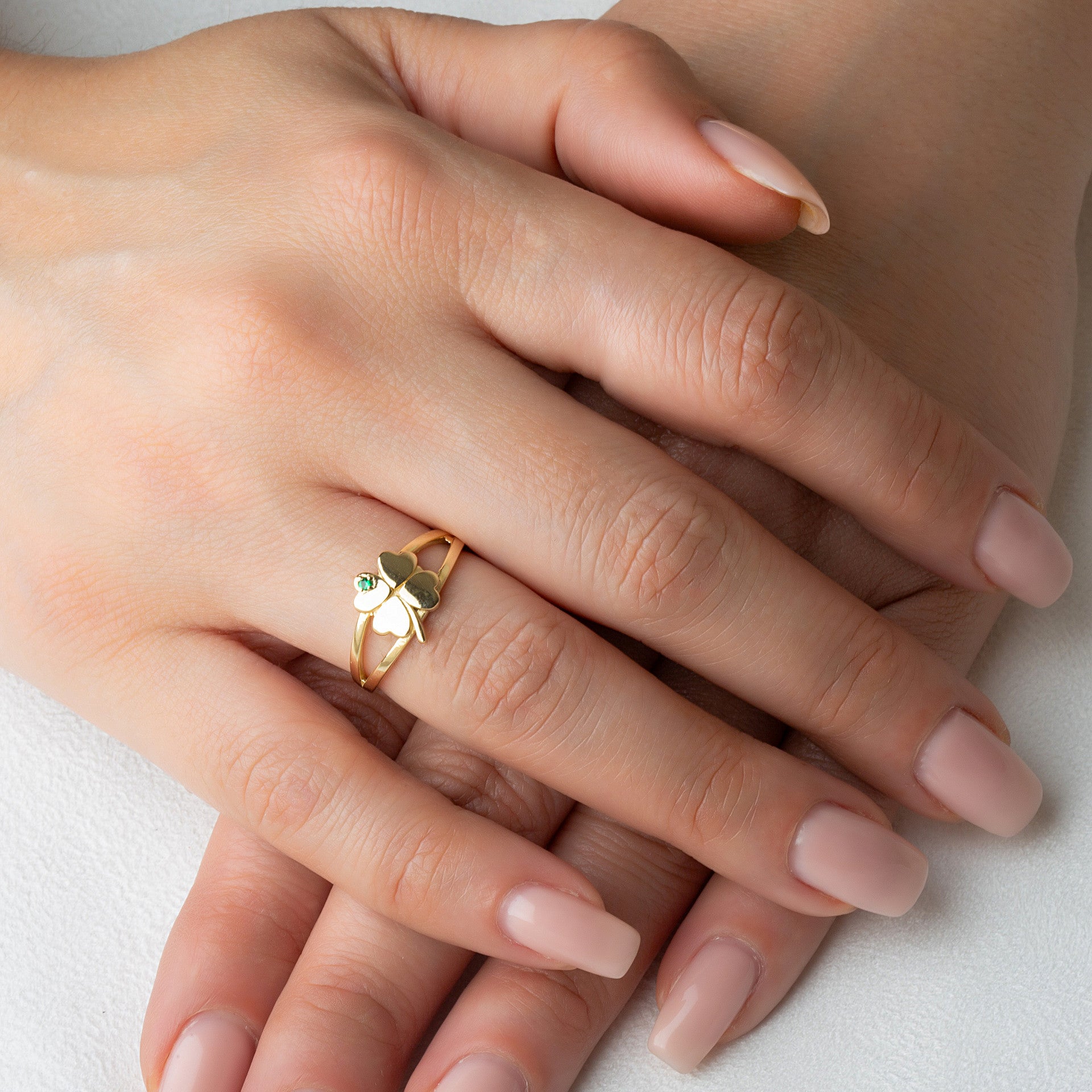 Gold Lucky 4 Leaf Clover Heart Genuine Emerald Gemstone Ring (Available in Yellow/Rose/White Gold)