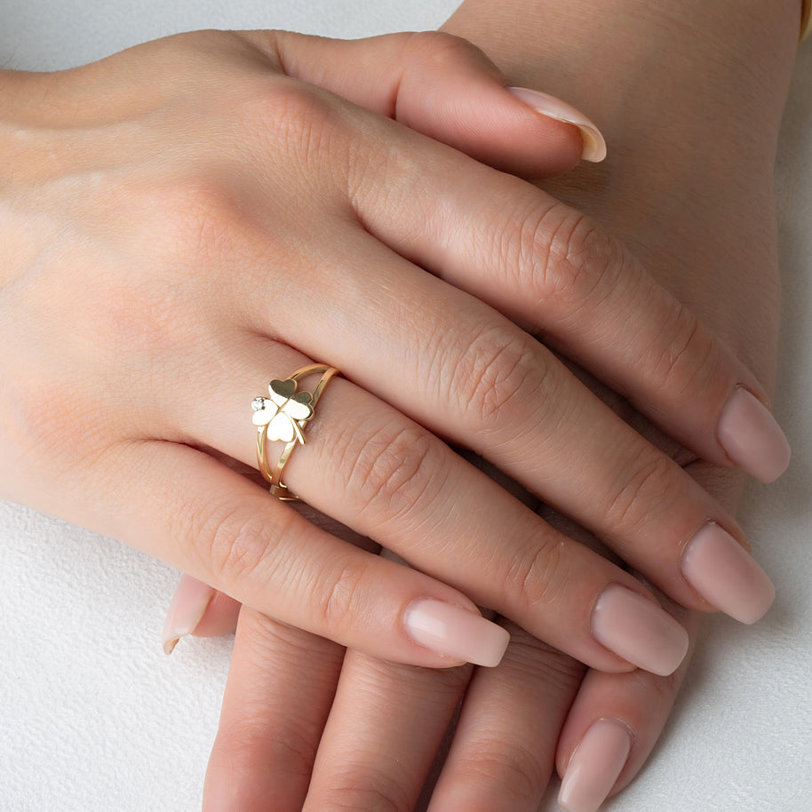 Gold Diamond Lucky 4 Leaf Clover Heart Ring (Available in Yellow/Rose/White Gold)