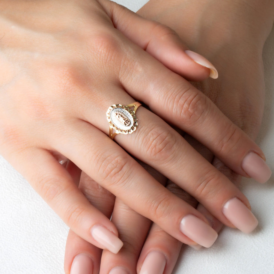 Tri-Color Gold Lady Of Guadalupe Sacred Oval Medallion Ring (Available in Yellow/Rose/White Gold)
