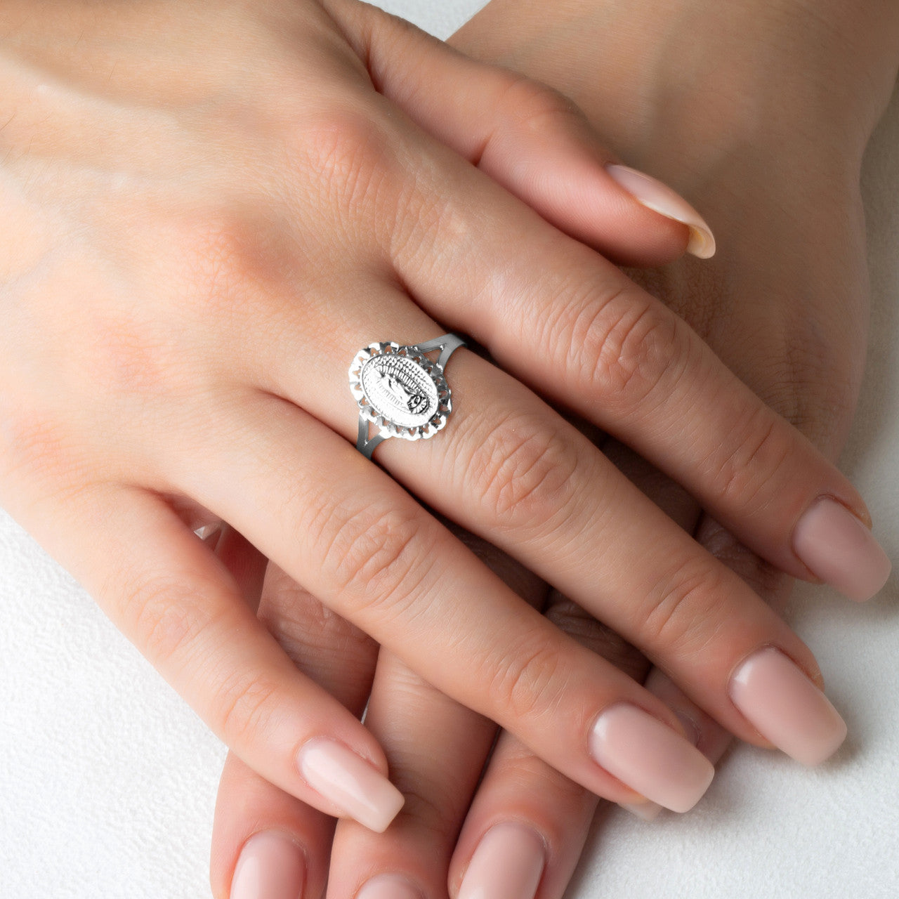 .925 Sterling Silver Lady Of Guadalupe Sacred Oval Medallion Ring